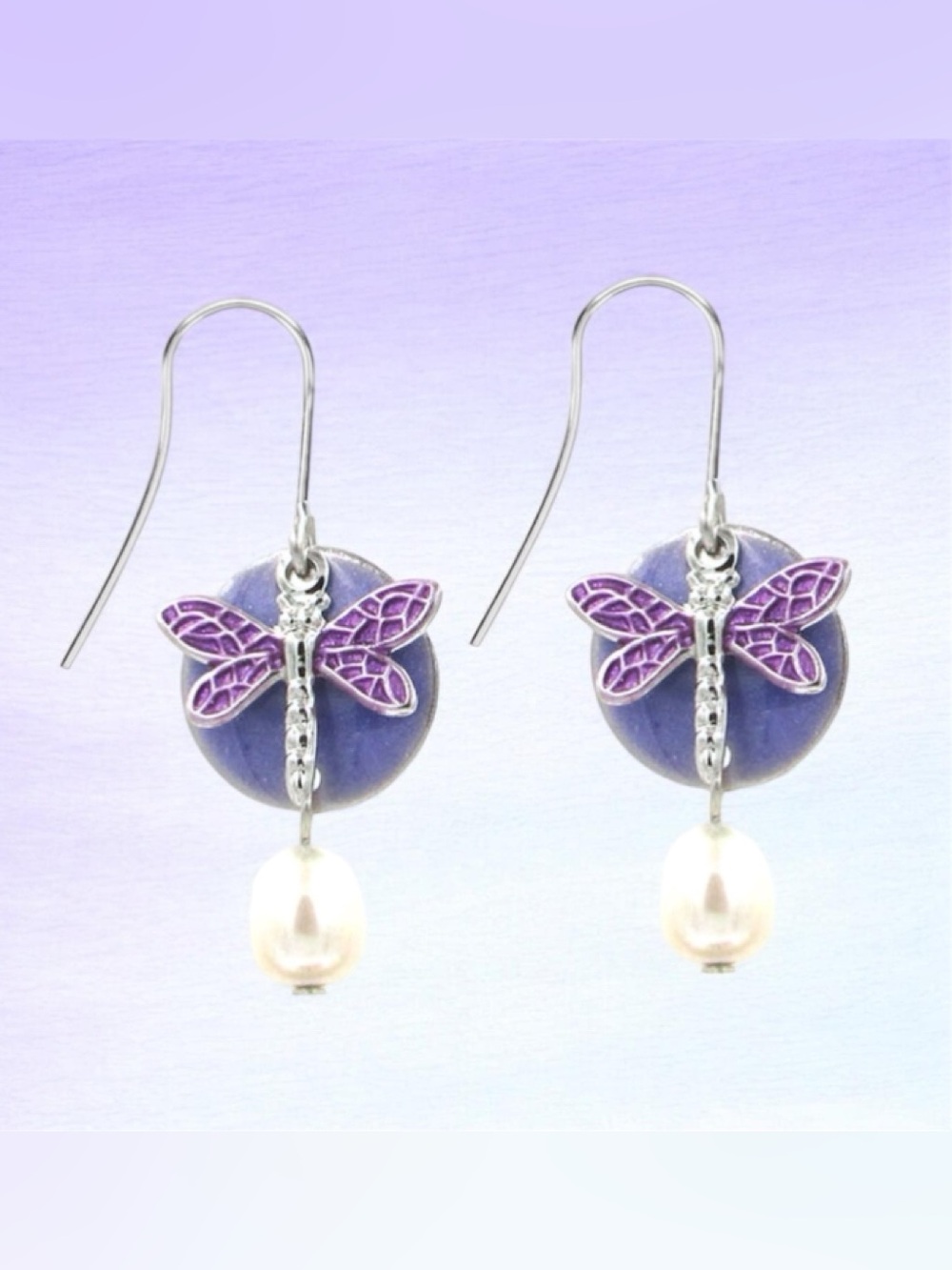 🆕 Silver Forest Hand Crafted Lavender Dragon Fly & Disc W/Fresh Water Pearl Drop